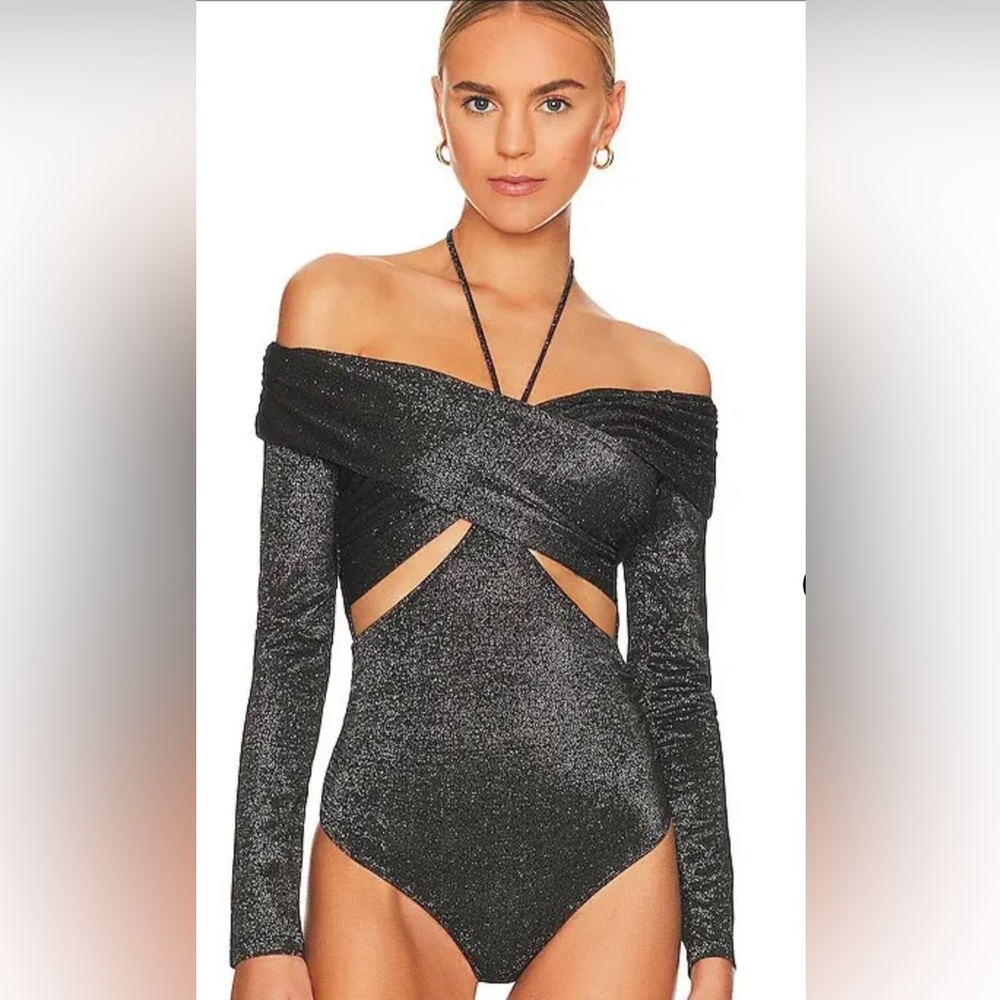 Jonathan Simkhai Glittering Black Off-Shoulder Bodysuit